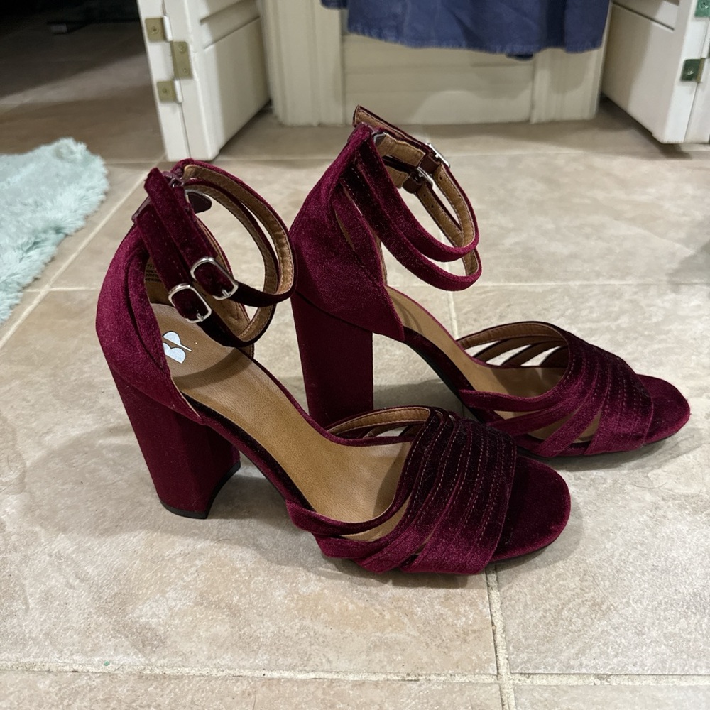 BP Velvet Ankle Strap Heels - Deep Red